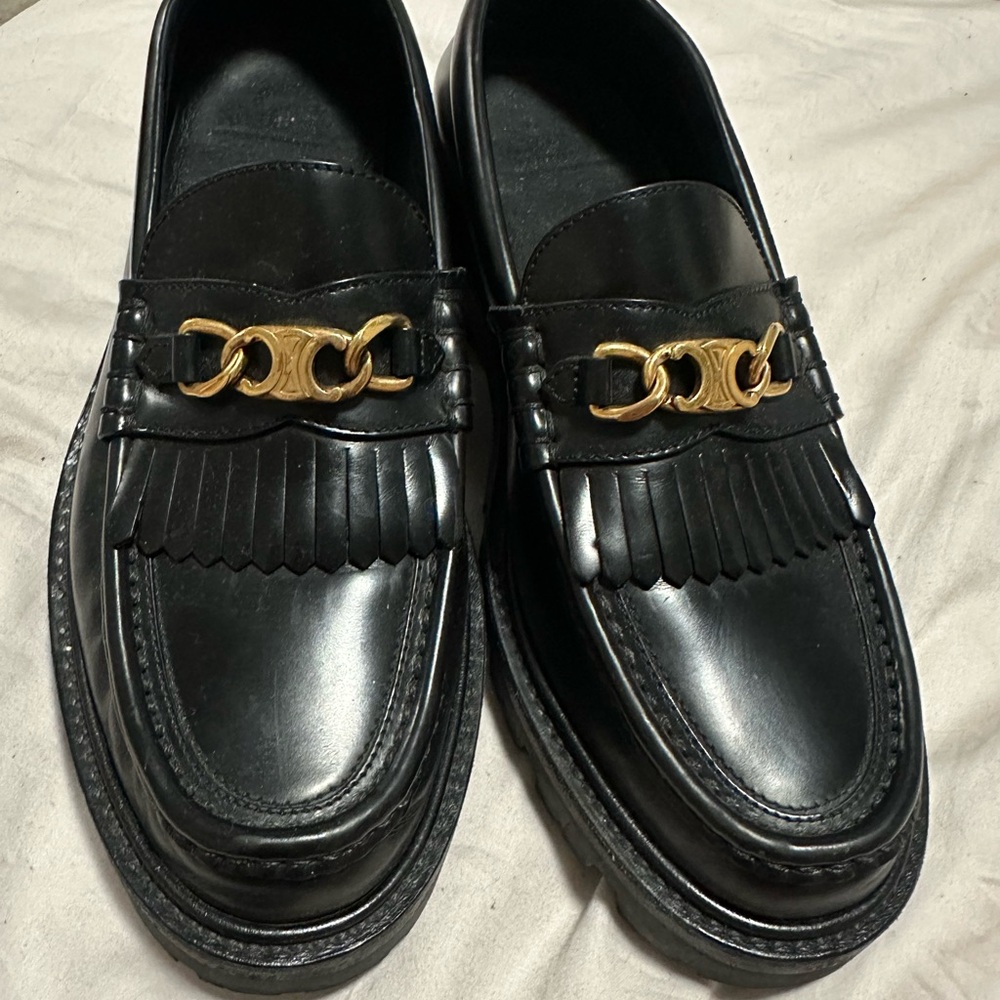 Black Leather Loafers with Gold Accent